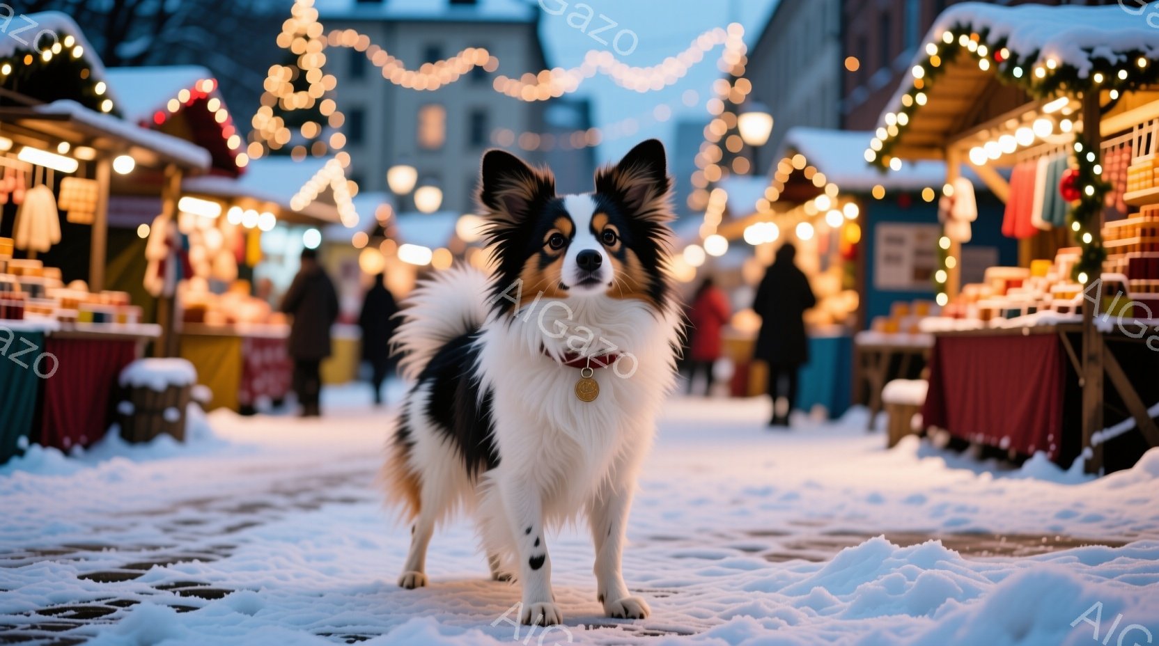 白と黒の毛並みが美しい、小型犬が雪の上に立っている。背景には、クリスマスマーケットのような賑やかな光景が広がり、多くの人々が暖かな光の中で楽しんでいる様子がぼやけて見える。雪景色と温かい光のコントラストが、冬の祝祭の温かく幻想的な雰囲気を醸し出している。