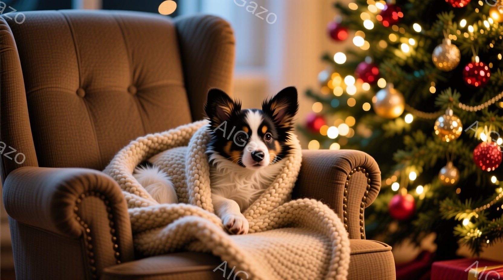 暖炉のような明るい茶色の肘掛け椅子に、白い毛並みの犬が白いニットのブランケットにくるまって座っています。犬はリラックスした表情で、カメラの方を少し見つめています。背景には、キラキラと輝くクリスマスツリ - AI生成フリー素材