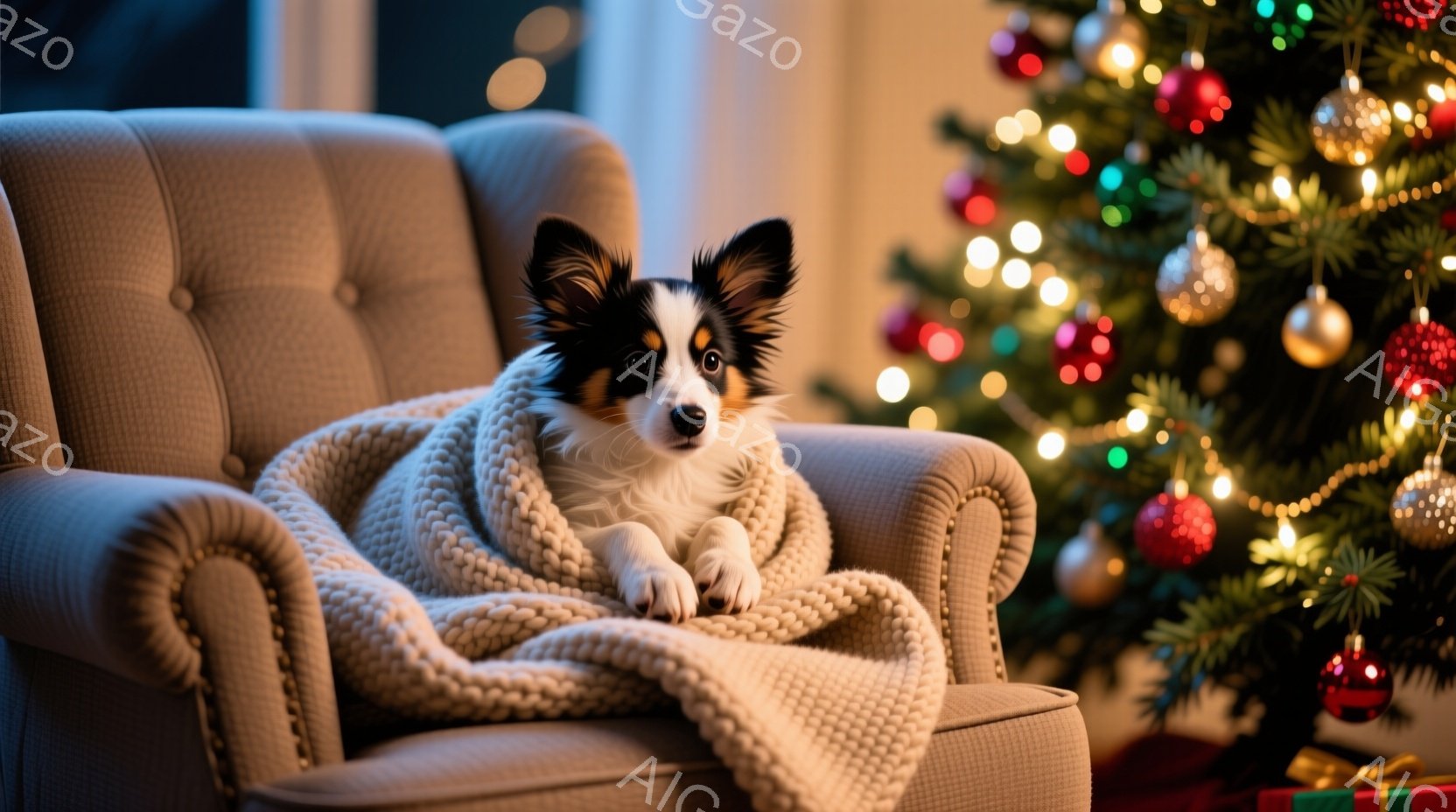 白と茶色の犬が、クリーム色の編み物で覆われた肘掛け椅子の座席に座ってこちらを見ています。背景には、様々な色のオーナメントで飾られた、ぼやけたクリスマスツリーが見え、暖かく、居心地の良い雰囲気を醸し出し - AI生成フリー素材