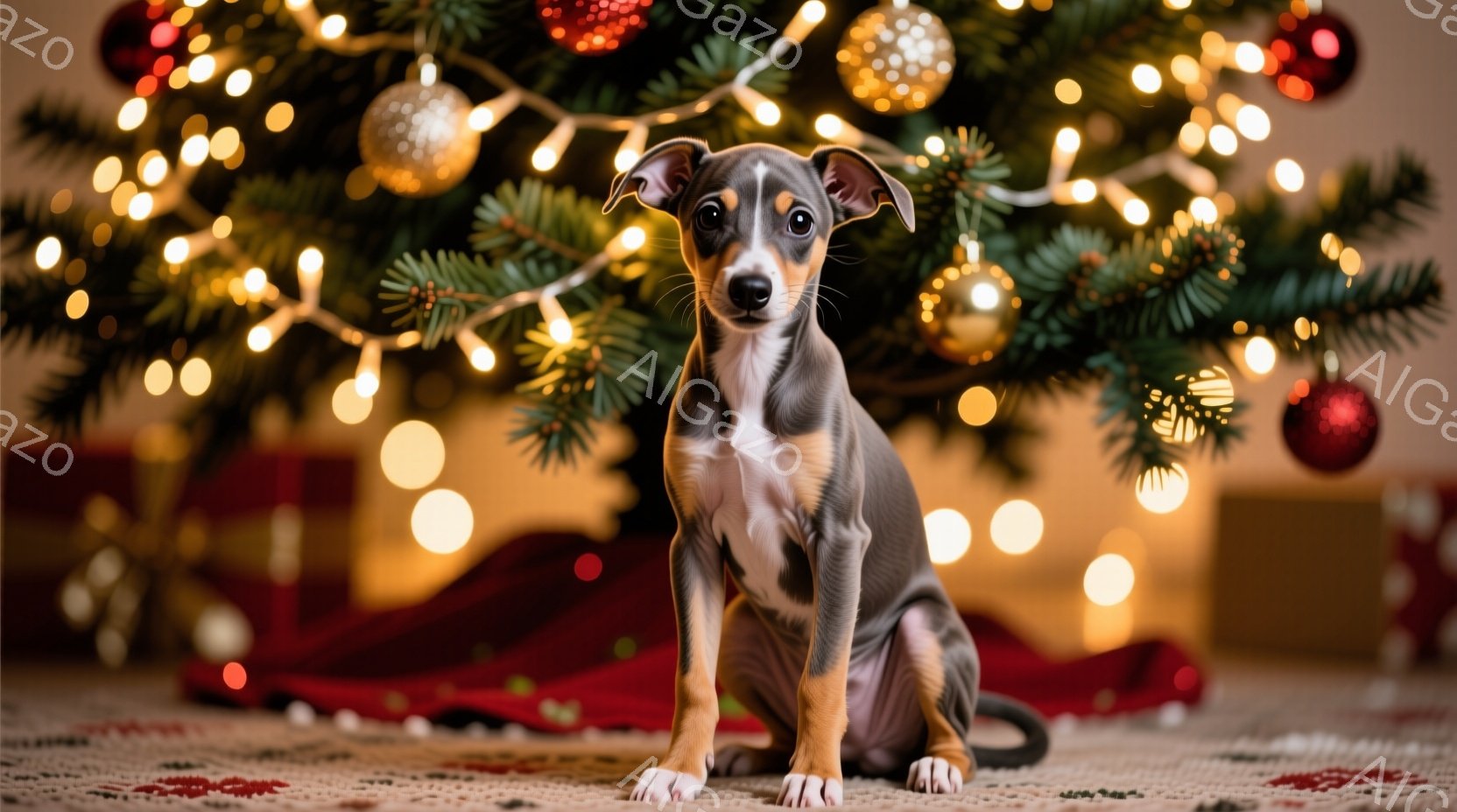 クリスマスツリーの前で、小さな灰色の犬が座ってこちらを見ています。暖かく光るクリスマスツリーの背景と、赤いプレゼントのリボンが犬の可愛らしさを引き立てています。犬は白い爪と足先を持ち、全体的に穏やかで愛らしい雰囲気を醸し出しています。
