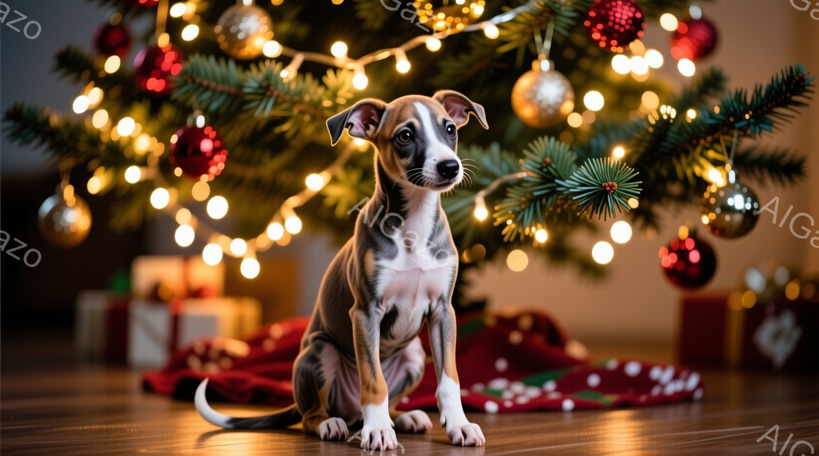 小さな子犬が木の床に座っており、前足を伸ばしてまっすぐに座っています。背景には、赤、金、銀のオーナメントで飾られたクリスマスツリーがあり、暖かい光で照らされています。赤い布とプレゼントの箱が散らばって - AI生成フリー素材