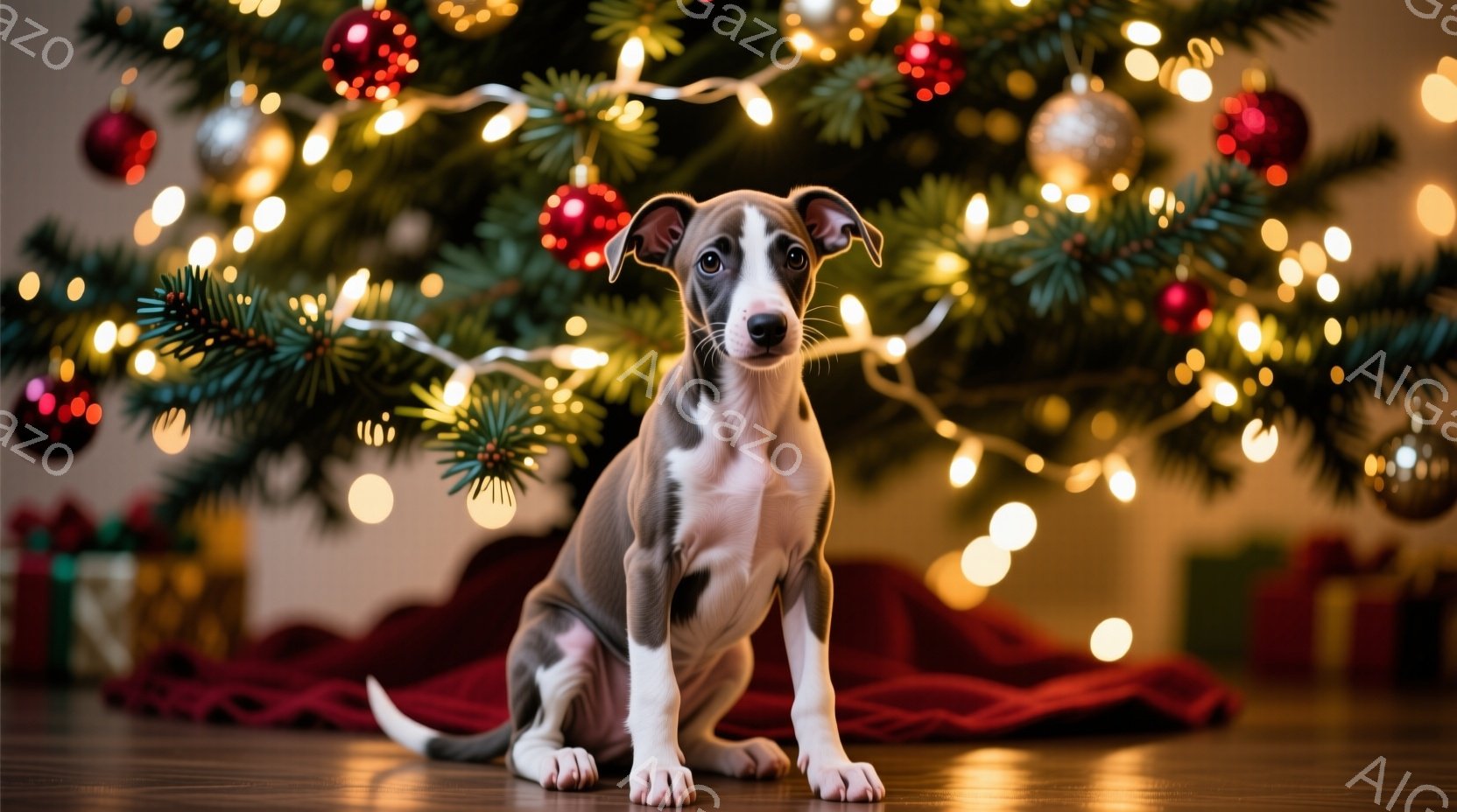 灰色の斑点模様の小さな子犬が、赤い敷物とクリスマスツリーの前で座っています。ツリーはカラフルなオーナメントと光で飾られ、背景にはプレゼントボックスが見えます。暖かく、お祝いの雰囲気で、子犬はカメラに向かってまっすぐ見ており、可愛らしい表情をしています。