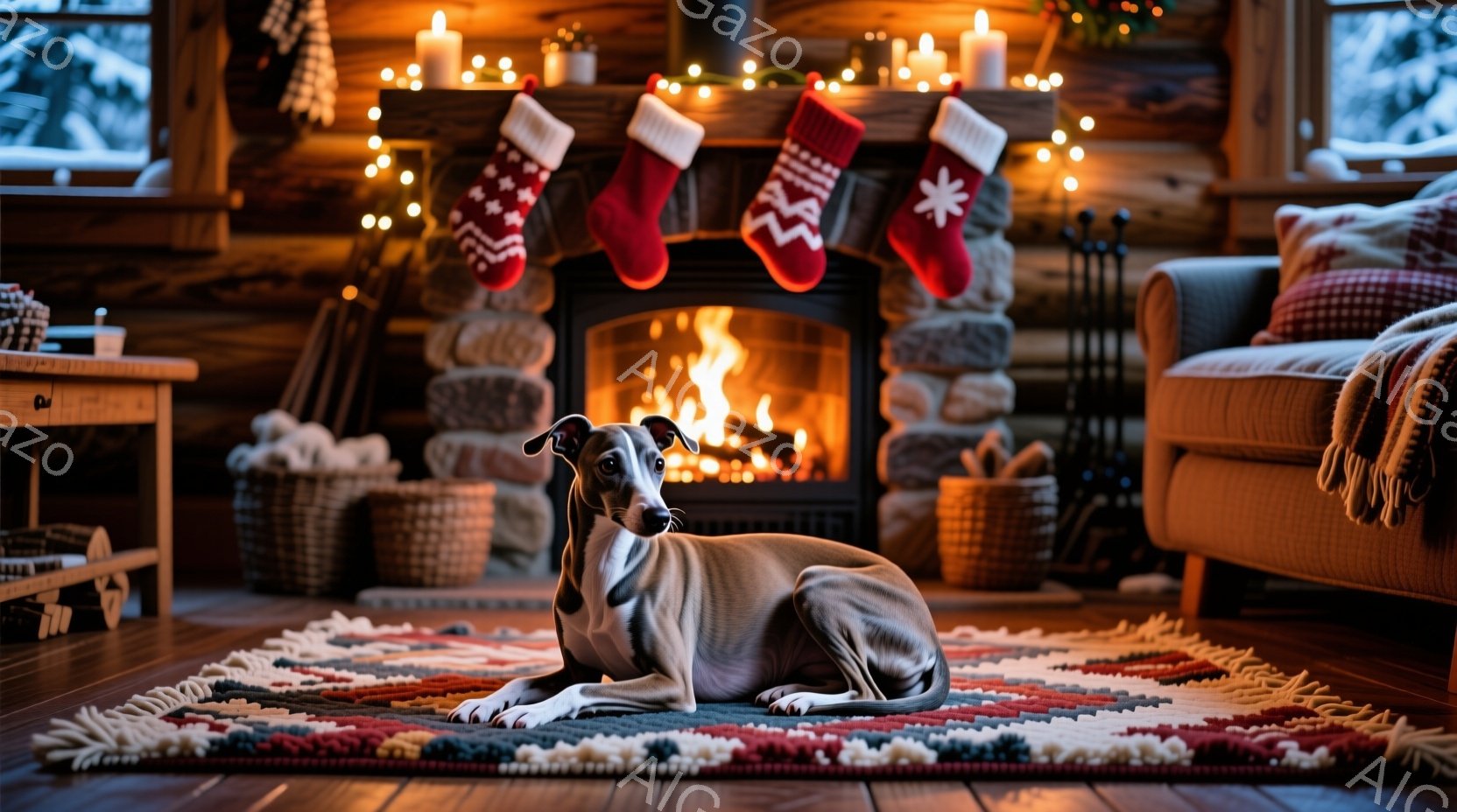 暖炉の前には、明るい色の短毛の犬が、カラフルな幾何学模様のラグの上に横たわっています。 暖炉は炎が燃え盛り、クリスマス柄の靴下が掛けられ、そばにはバスケットや薪が置かれています。 木造の壁と窓の外の雪景色が、温かく居心地の良い冬の雰囲気を醸し出しています。