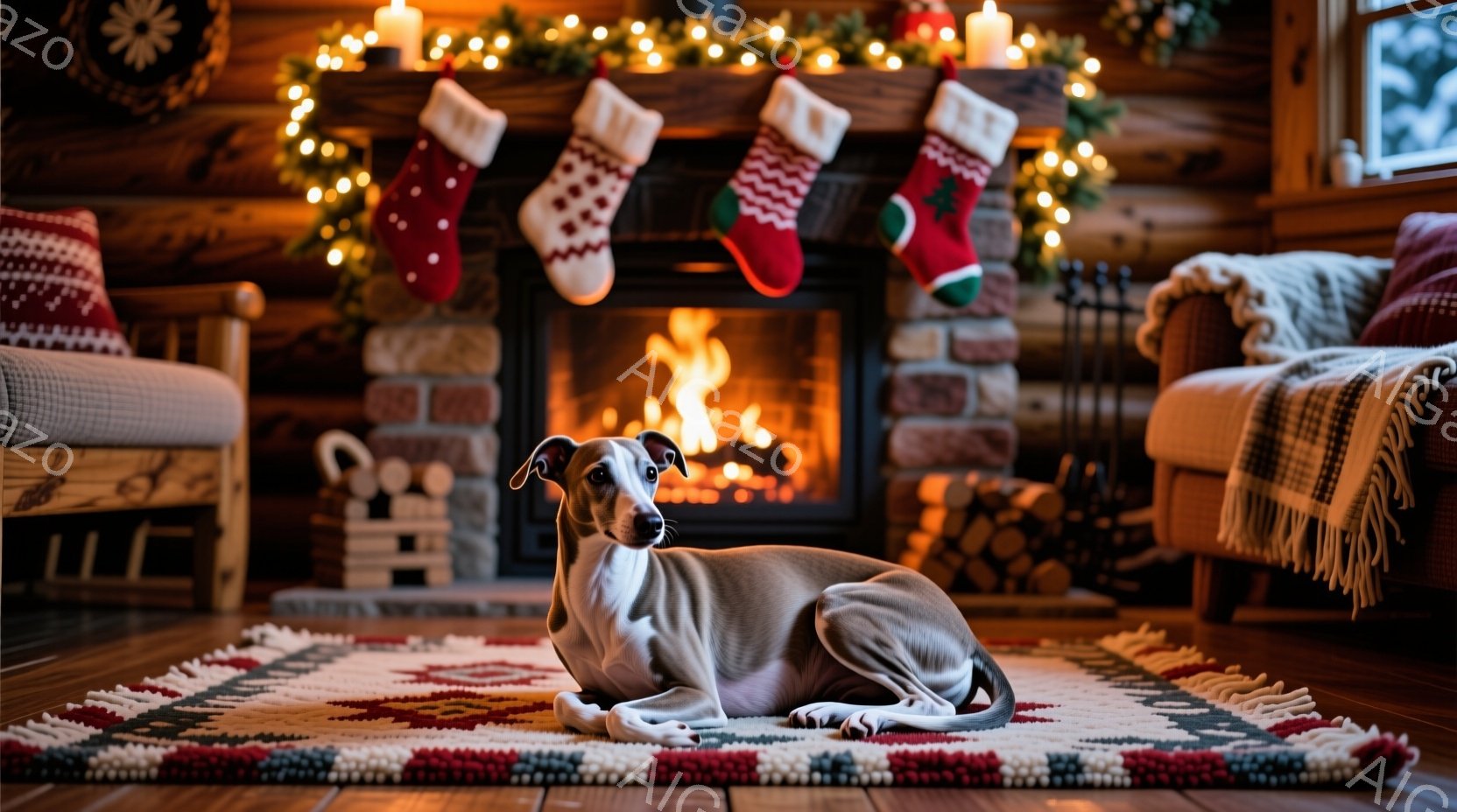暖炉の前で、クリーム色のグレイハウンドが敷かれた絨毯の上に横たわっています。暖炉には火が燃え盛っており、クリスマス柄の靴下が飾られ、温かく居心地の良い雰囲気が漂っています。木製の壁と家具、そしてクリス - AI生成フリー素材