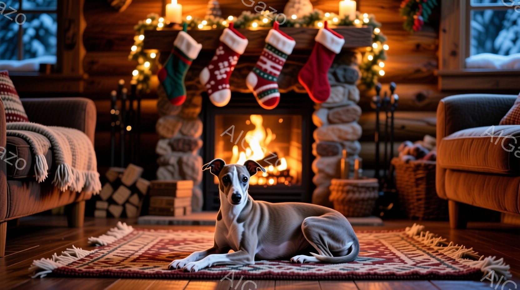 暖炉のある居間には、オフホワイトと茶色の犬が敷かれたラグの上にうつ伏せになって座っています。背景には、クリスマス柄の靴下が飾られた石造りの暖炉があり、木の積み重ね、籐のバスケット、そして雪景色が見える - AI生成フリー素材