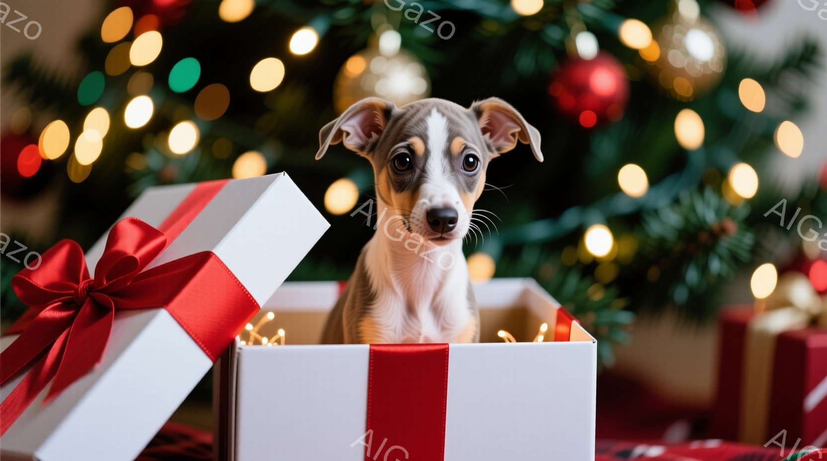 白いギフトボックスの中から、毛並みの美しい子犬が顔を出しています。子犬は明るい茶色の瞳でカメラを見つめ、少し緊張しながらも好奇心旺盛な表情をしています。背景にはぼやけたクリスマスツリーの光が輝き、暖か - AI生成フリー素材