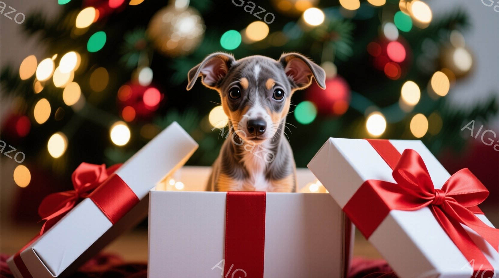 白いギフトボックスの中に、茶色と白の毛並みを持つ子犬が可愛らしく顔を出しています。背景には、ぼやけたクリスマスツリーの光が輝き、赤と緑の装飾が季節感を演出しています。全体的に温かく、お祝いの雰囲気が漂 - AI生成フリー素材