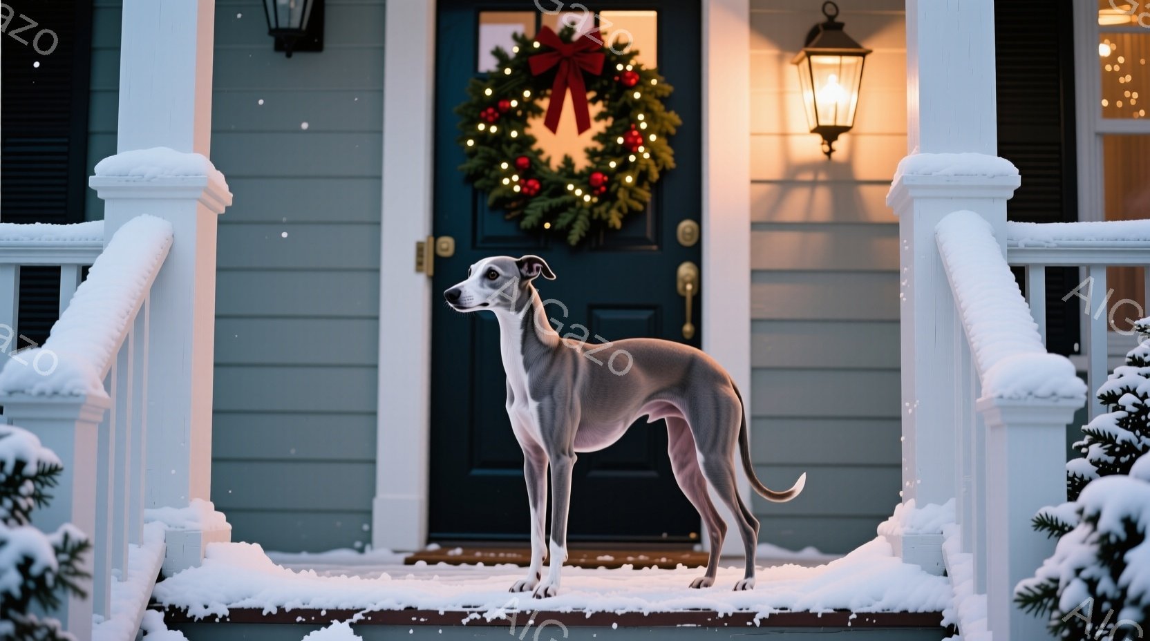 霜で覆われた階段に、細身の灰色のウィペットが立っている。背景には、クリスマスリースが飾られた青いドアと、雪が降る夜の暖かい光を放つ家がある。全体的に、静かで穏やかな冬の雰囲気で、クリスマスの装飾が温か - AI生成フリー素材