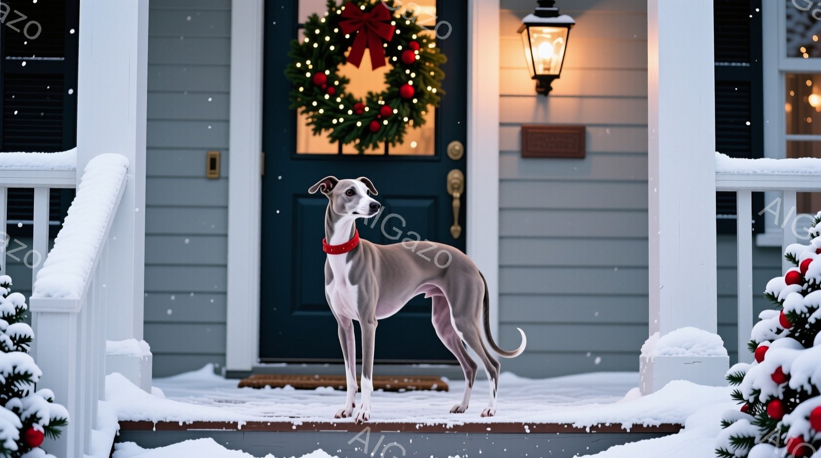 雪が降る家のポーチに、優雅な灰色のウィペットが立っている。赤い首輪をつけ、凛とした表情で正面を見つめ、まるでモデルのように姿勢を正している。背景にはクリスマスリースが飾られた玄関ドアがあり、冬の暖かく - AI生成フリー素材