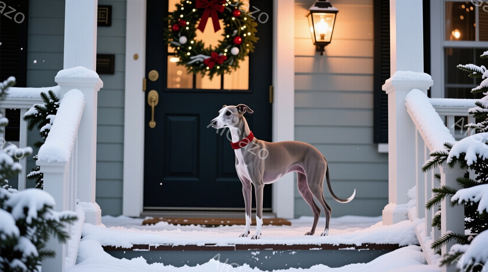 白い雪に覆われた家の階段に、細身のクリーム色のグレイハウンドが立っている。赤い首輪をつけ、少し緊張した表情で遠くを見つめている。背景にはクリスマスリースが飾られた玄関ドアと、雪で覆われた常緑樹が見え、冬の穏やかで静謐な雰囲気を醸し出している。