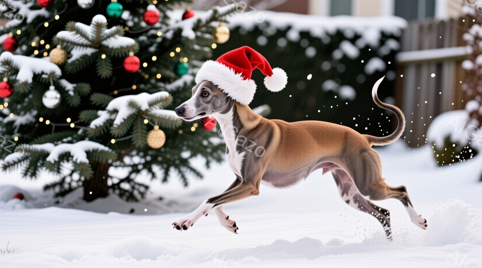 雪が舞う屋外で、クリスマスの帽子を被った細身の犬が活発に走っている。背景には、飾り付けられたクリスマスツリーと雪で覆われたフェンスが見え、冬のホリデーシーズンを象徴している。犬の躍動感と雪景色が、暖か - AI生成フリー素材
