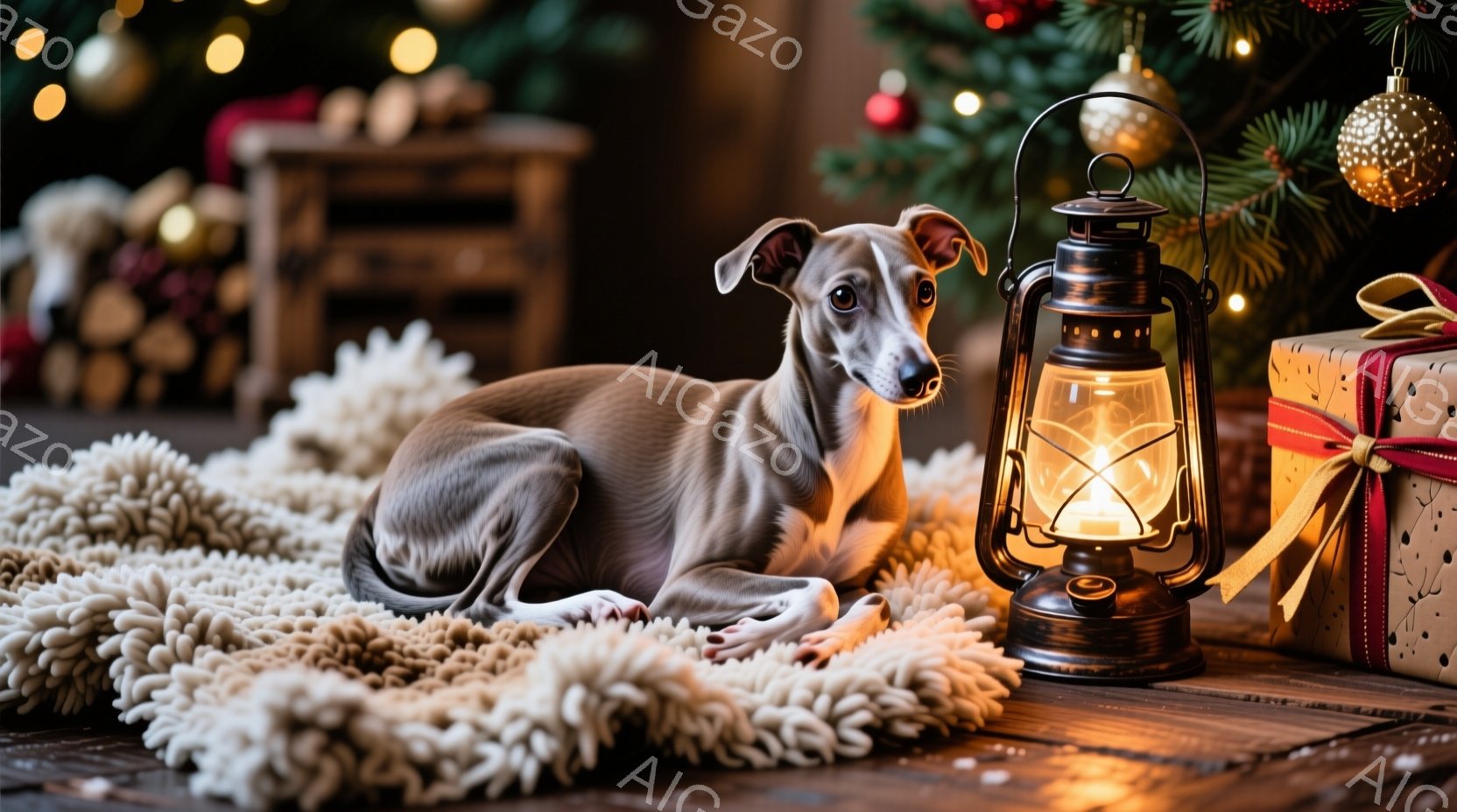 薄灰色のイタグレが、ふわふわとした白いラグの上に横たわっています。背後にはクリスマスツリーがぼやけ、プレゼントボックスと灯りが暖かく照らされたランタンが置かれています。全体的に、落ち着いた暖かく、穏や - AI生成フリー素材