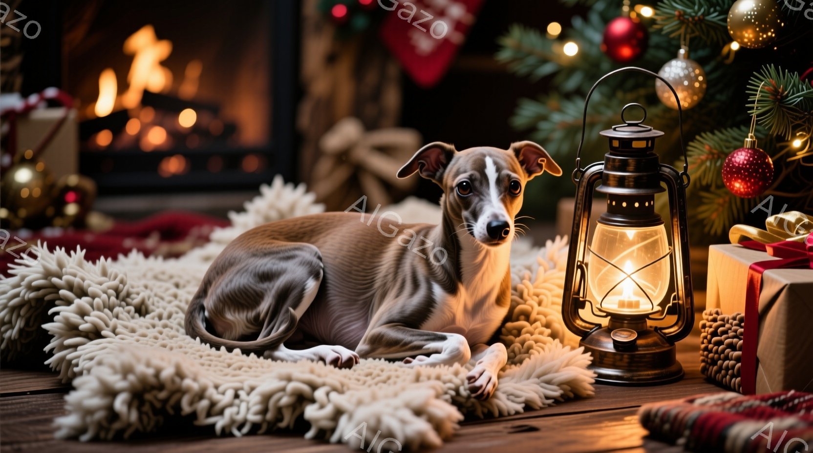 暖炉のそばで、毛むくじゃらの敷物の上で、細身の犬がリラックスして横たわっています。犬はグレーと白の毛並みで、好奇心と穏やかさを表す穏やかな表情をしています。背景には、クリスマスツリー、プレゼントボック - AI生成フリー素材