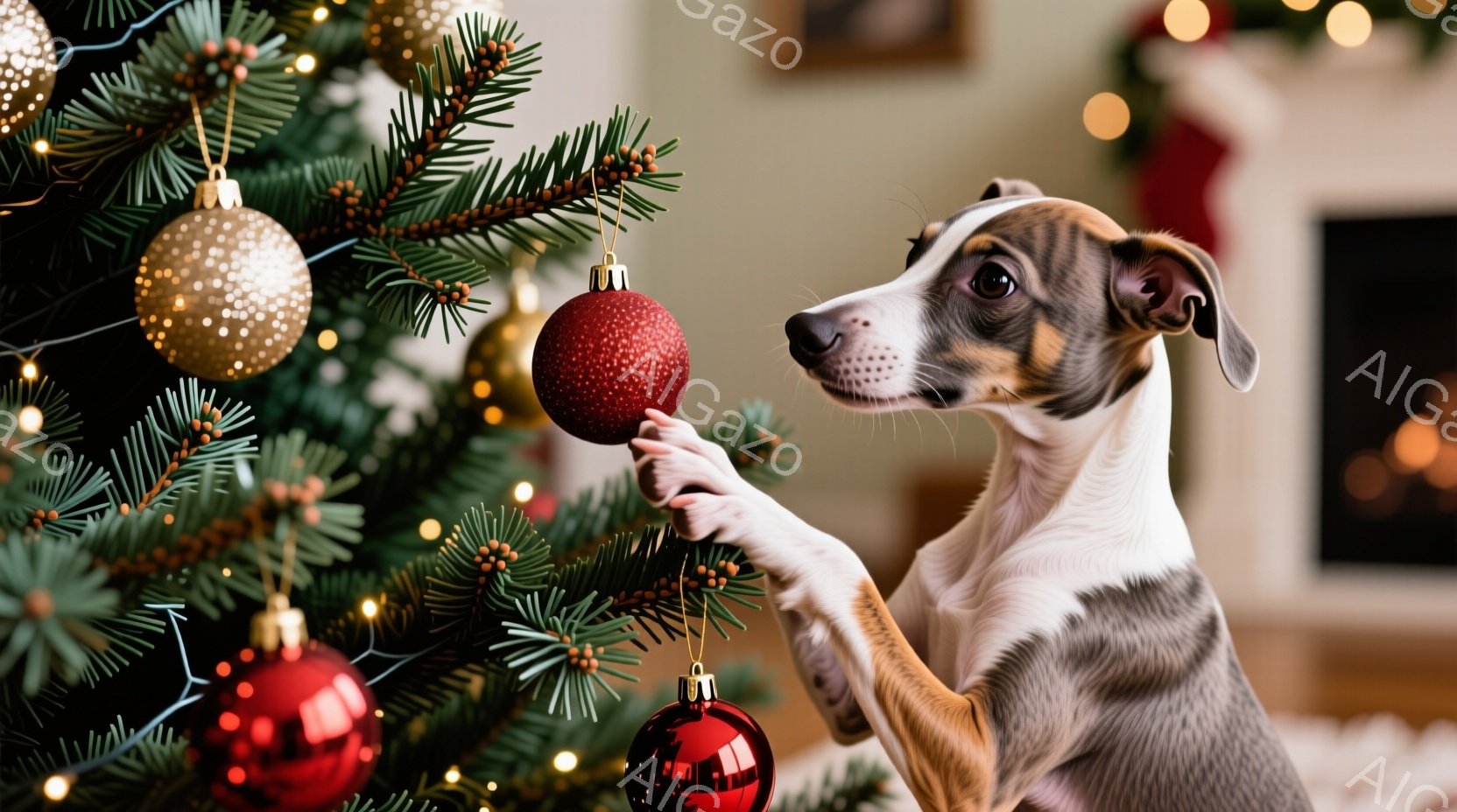 クリスマスツリーのそばにいる、白とグレーの毛並みを持つ可愛らしい犬が写っています。犬は前足で赤いオーナメントを優しく支えながら、好奇心いっぱいの表情でそれを見つめています。背景にはぼやけた暖炉や装飾が - AI生成フリー素材