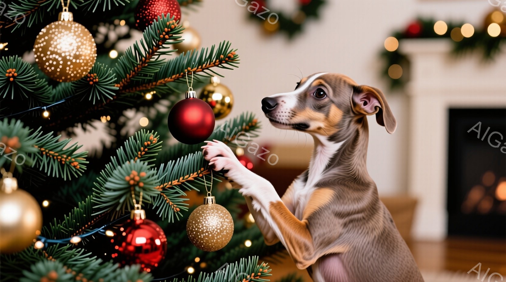 クリスマスツリーのそばに座っている犬が写っています。犬は薄茶色の毛並みで、前足を使って赤いオーナメントに触れようとしています。背景にはクリスマスツリーの装飾や暖炉が見え、温かくお祝いの雰囲気が漂ってい - AI生成フリー素材