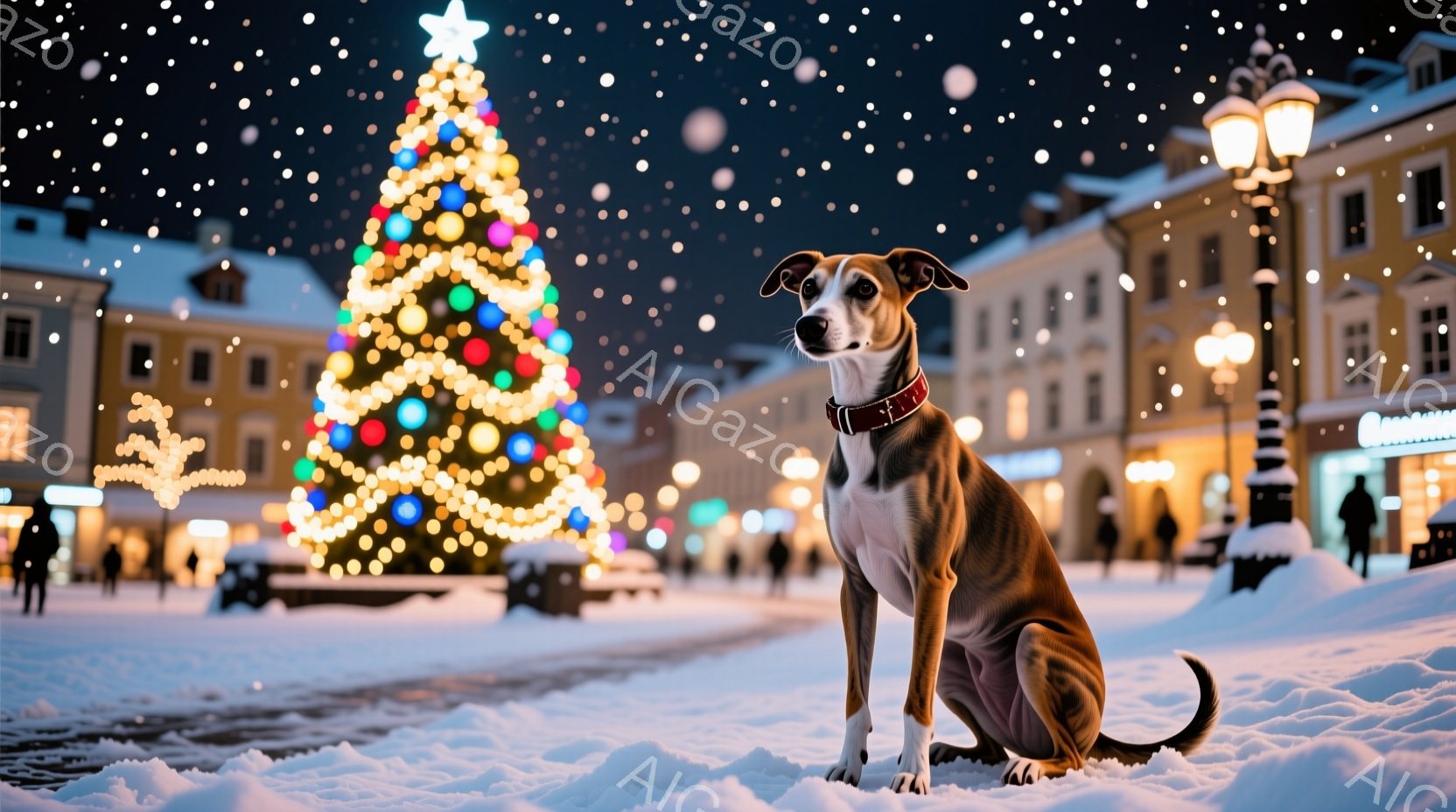 白い雪に覆われた広場に、茶色の短毛の愛犬が座っています。背景には、カラフルなイルミネーションで飾られた大きなクリスマスツリーが聳え立ち、遠くには雪景色の中に建物が見えます。全体的に穏やかで温かい雰囲気 - AI生成フリー素材