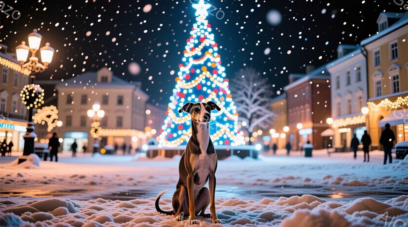 白い雪景色の中に、スリムな灰色の犬が座っています。背景には、色とりどりのライトで飾られた巨大なクリスマスツリーがあり、周りの建物もイルミネーションで輝いています。雪が舞い降りる夜の、暖かく幻想的なクリ - AI生成フリー素材