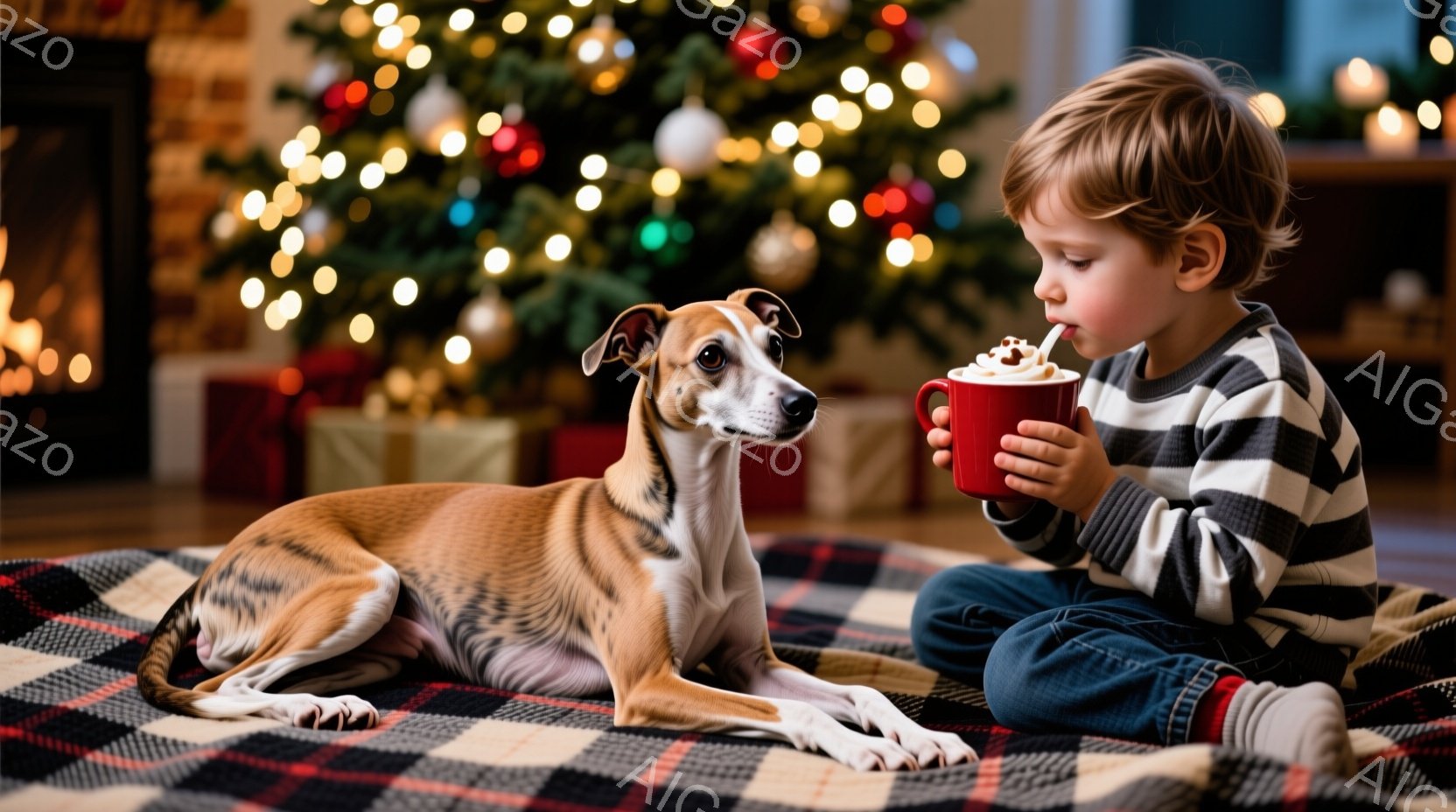 少年はチェック柄の敷物の上で正座し、赤いマグカップに入った飲み物をストローで飲んでいます。彼はストライプのセーターを着ており、少し微笑んでいるように見えます。背景には、クリスマスツリー、プレゼント、そして暖炉が見え、暖かい祝祭の雰囲気が漂っています。
