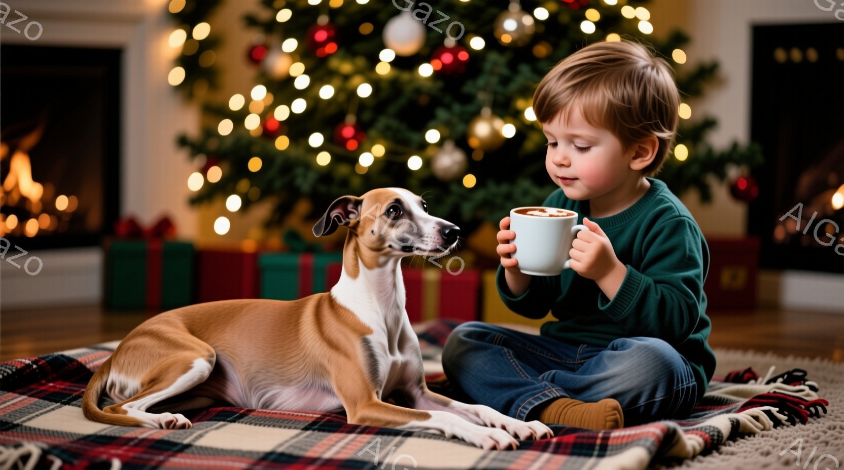 少年は緑色のセーターとジーンズを着て、床に座り、白いマグカップを両手で持って何かを飲んでいます。横には、明るい茶色の毛並みの犬がリラックスして横たわっており、二人は赤いチェック柄のブランケットの上にい - AI生成フリー素材