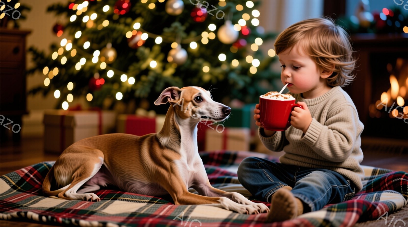 赤い格子柄の毛布の上に座る幼い少年が、赤いマグカップに入った飲み物をストローで楽しんでいます。そばには、茶色と白のイタリアン・グレイハウンドが横たわり、リラックスした様子でこちらを見ています。背景にはクリスマスツリーが飾られ、プレゼントが積み重ねられ、暖かく、穏やかな祝祭の雰囲気が漂っています。