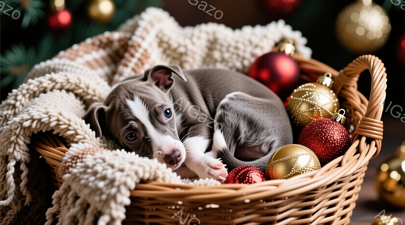 白いフリンジの付いたバスケットの中に、つぶらな瞳をした子犬が丸まって眠っています。周りには赤い、金色のクリスマスオーナメントが置かれ、背景には緑色のクリスマスツリーが見えます。暖かく、穏やかなクリスマ - AI生成フリー素材
