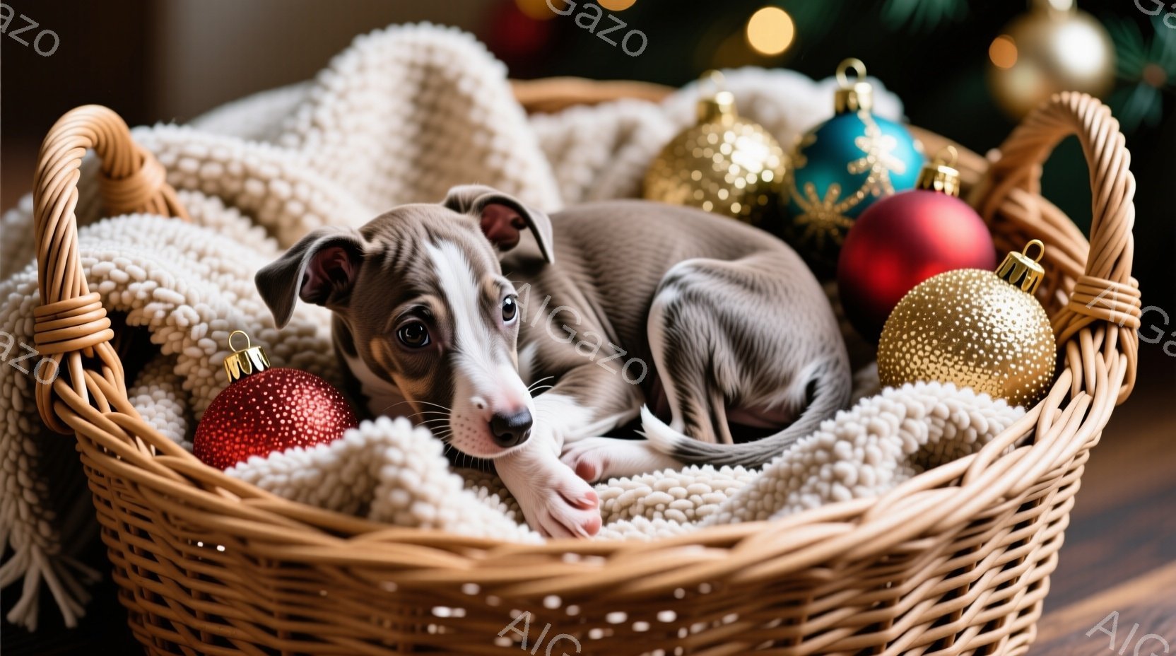 籐のバスケットの中に、子犬が丸まって眠っている様子が写っている。バスケットの周りには、赤、金、ターコイズ色のクリスマスオーナメントが置かれ、背景にはぼやけたクリスマスツリーの明かりが見える。全体的に暖かく、穏やかで、クリスマスの雰囲気を醸し出している。