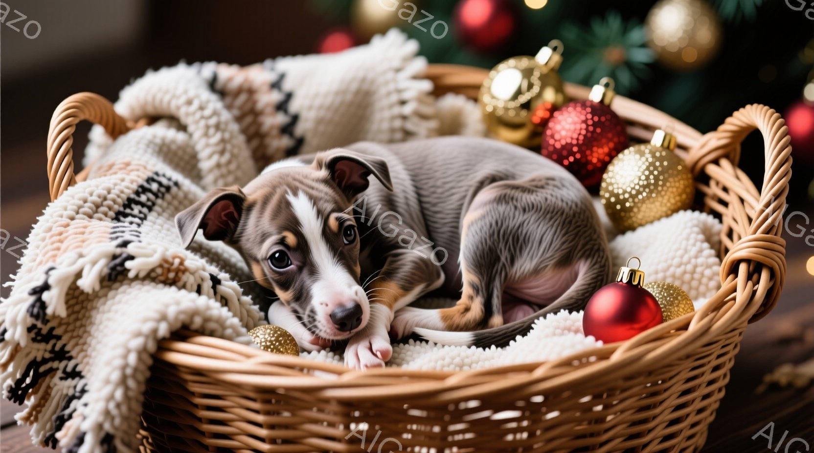 籐編みのバスケットの中に、まだ幼い子犬が丸まって眠っています。子犬は茶色と白の毛並みで、つぶらな瞳で可愛らしい表情をしています。背景にはクリスマスツリーの飾りが見え、暖かく穏やかなクリスマスの雰囲気を - AI生成フリー素材