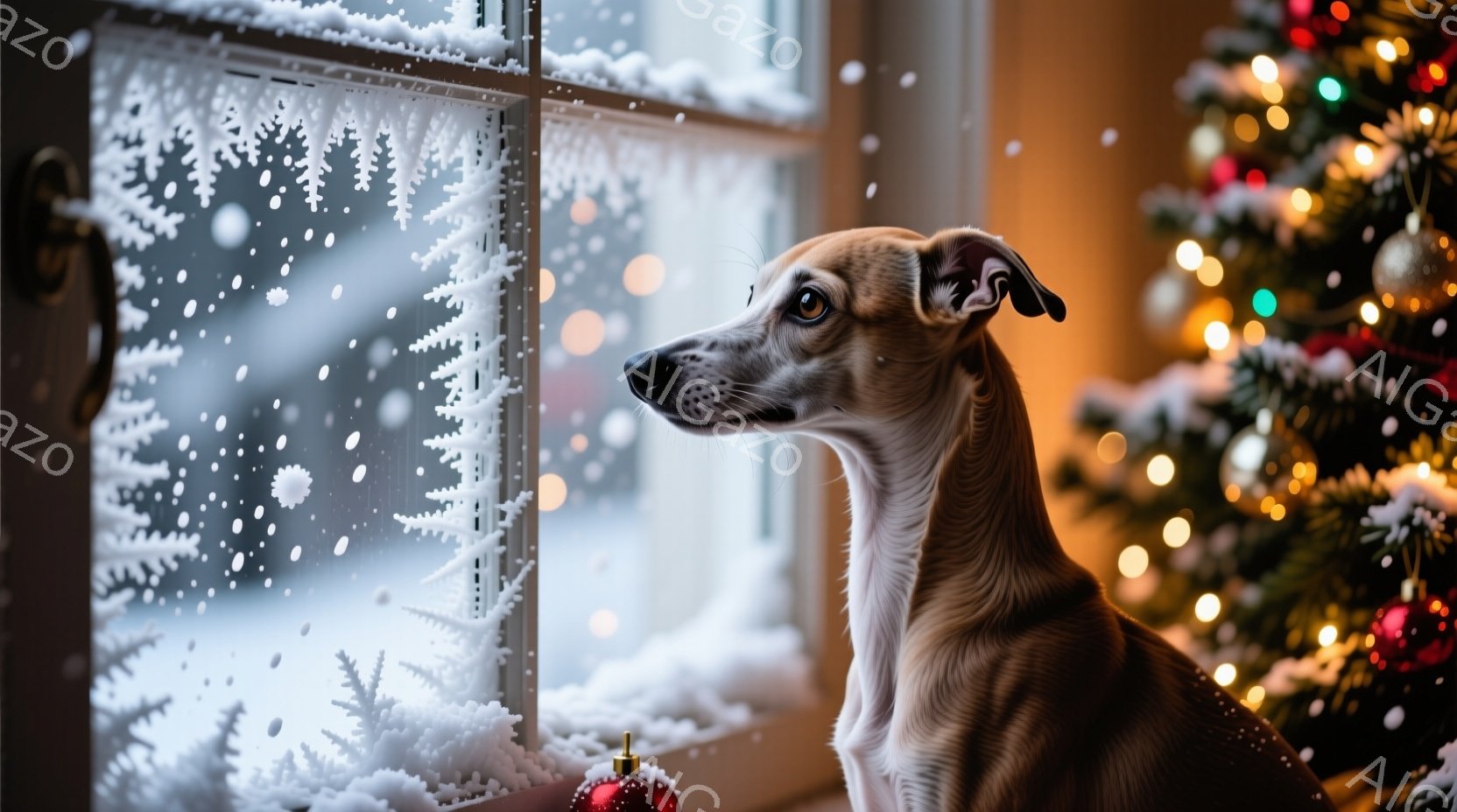 暖炉のそばの赤い敷物の上に、茶色の愛犬が横たわっています。犬は少し退屈そうな表情で、多くの包装されたプレゼントに囲まれています。背景には、クリスマスツリーの緑の葉と光る飾りがあり、全体的に暖かいお祝い - AI生成フリー素材