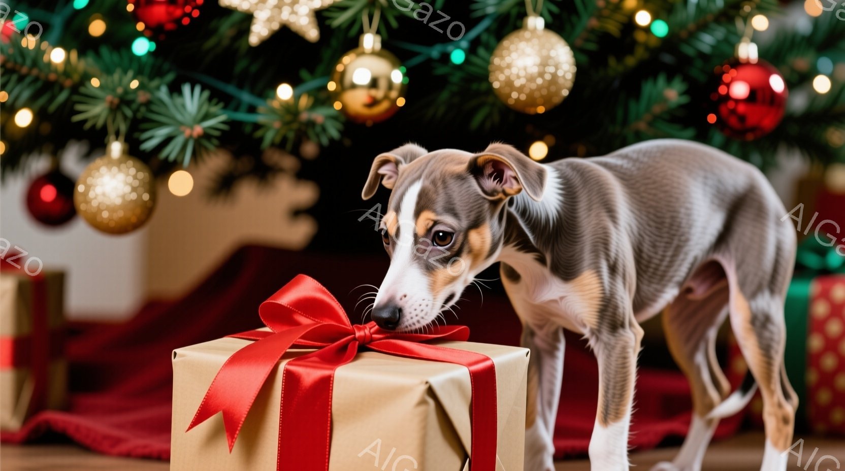 クリーム色の毛並みを持つ子犬が、赤いリボンで結ばれたプレゼントの箱に鼻を近づけています。背景にはクリスマスツリーの飾りや赤い布が見え、お祝いの雰囲気が漂っています。暖色系の照明と装飾が、温かく幸せなク - AI生成フリー素材