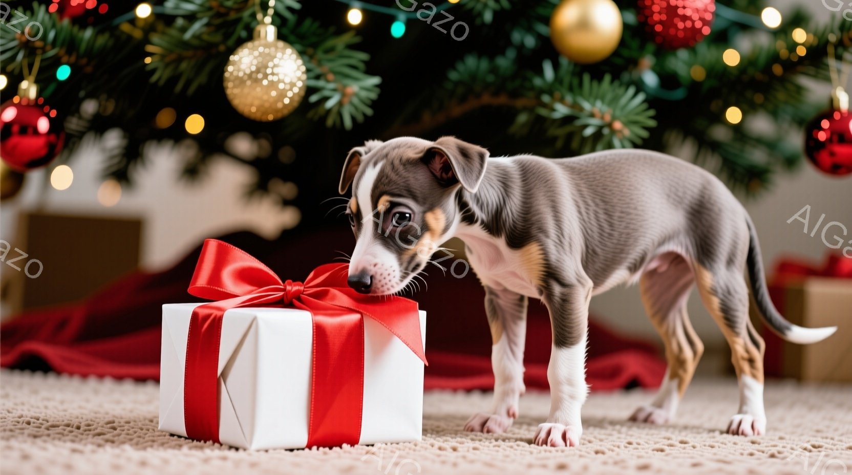 小さな子犬が白いプレゼントボックスの前に立っています。子犬はグレーと茶色の毛並みで、好奇心と少しの緊張が混ざった表情でプレゼントを見つめています。背景にはクリスマスツリーが飾り付けられており、赤いカー - AI生成フリー素材