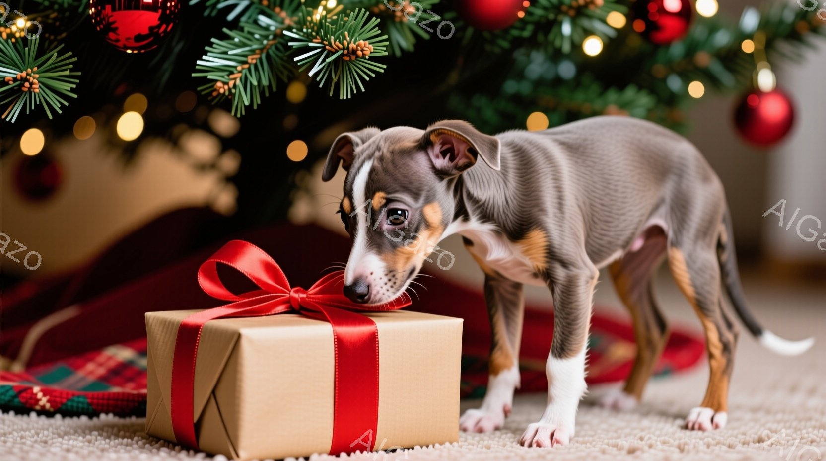灰色の毛並みで白い足を持つ子犬が、赤いリボンで結ばれた茶色のギフトボックスの前にひざまずいています。子犬は鼻をギフトボックスに近づけ、興味津々で匂いを嗅いでいる様子です。背景には、赤いオーナメントと点 - AI生成フリー素材