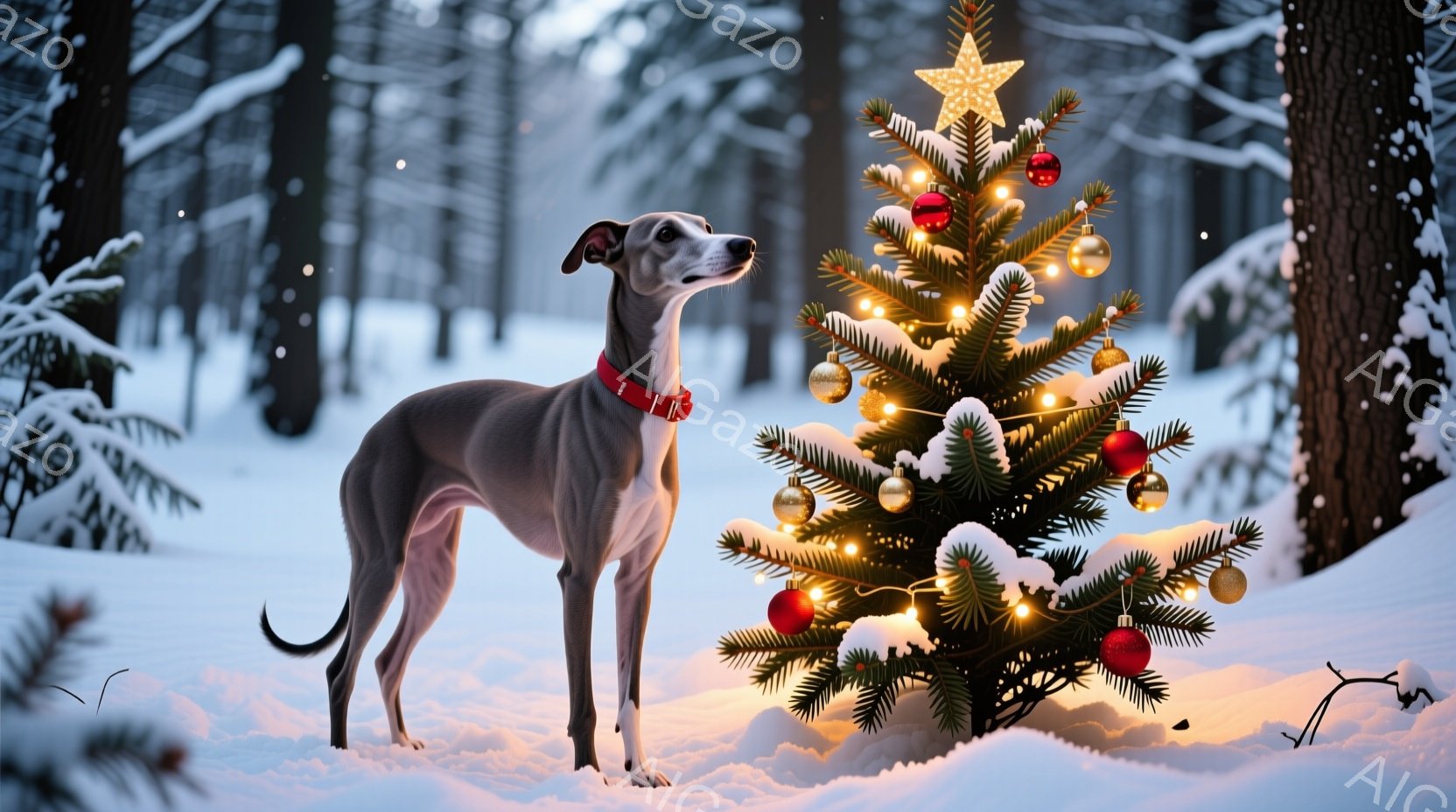 灰色の愛玩犬が雪景色の中でクリスマスツリーのそばに立っている。犬は赤い首輪をつけており、雪に覆われた地面の上で誇らしげに立っている。背景には雪に覆われた木々が立ち並び、クリスマスツリーは鮮やかな赤いオ - AI生成フリー素材