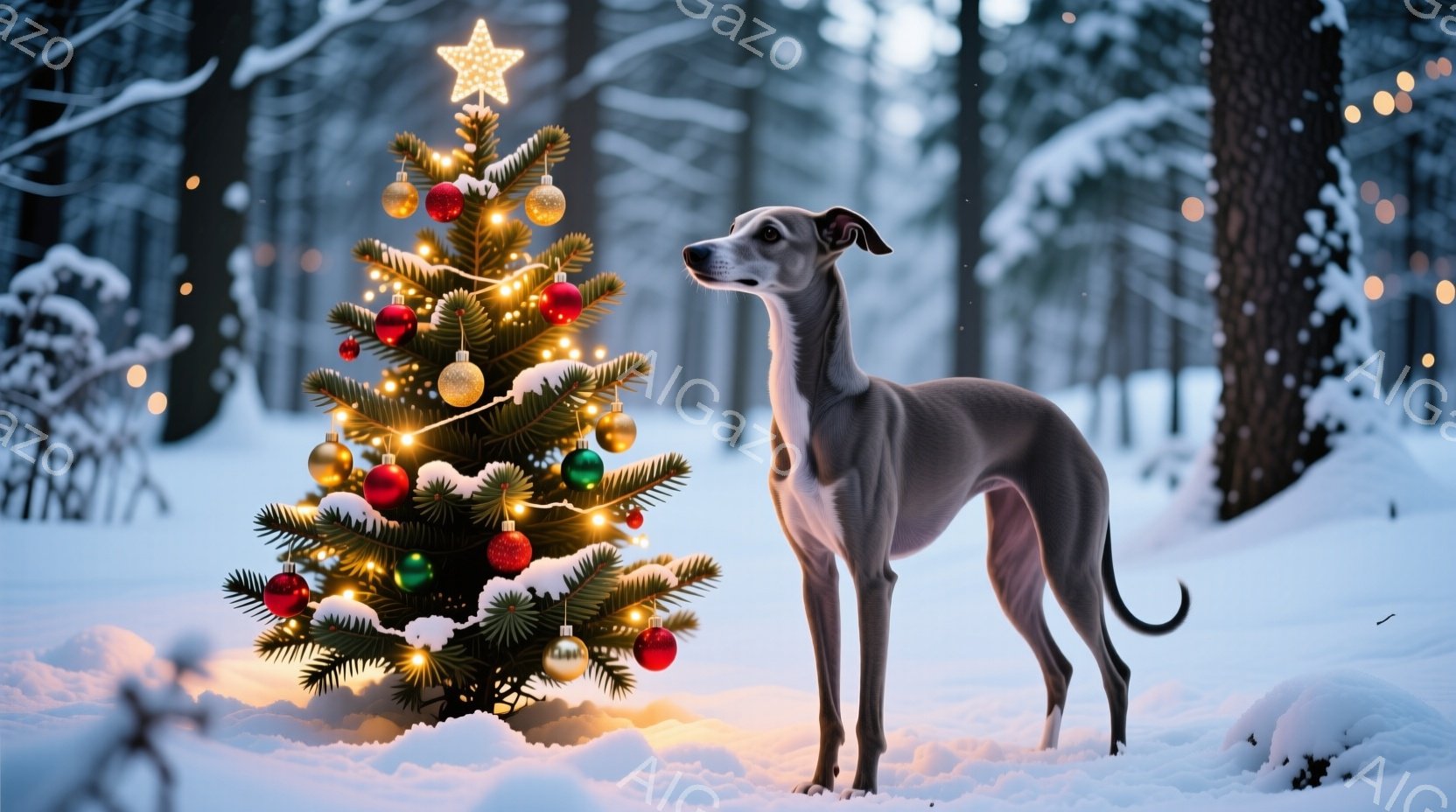 雪景色の中に飾られたクリスマスツリーの横に、優雅な姿勢でイタリアン・グレイハウンドが立っている。ツリーは赤、緑、金色のオーナメントで飾られ、頂上には星が輝いている。背景には雪に覆われた木々が広がり、幻想的で温かいクリスマスの雰囲気を醸し出している。