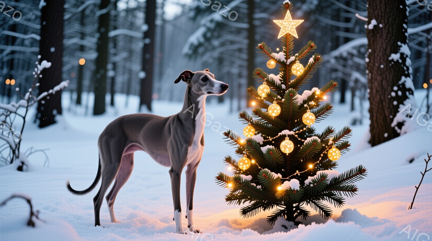 雪景色の中に、優雅な姿のグレイハウンドが立っている。クリスマスツリーが近くにあり、暖かく輝く電飾と星のオーナメントが冬の風景に温かさを添えている。背景には雪に覆われた木々が広がり、静かで穏やかな冬の雰 - AI生成フリー素材