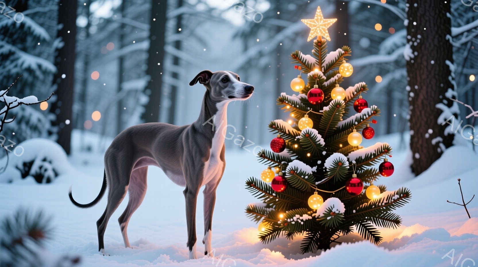 雪景色の中に、優雅な姿のグレイハウンドが立っている。背景にはクリスマスツリーが飾られており、暖色の電飾が雪景色に温かみを与えている。全体的に静かで幻想的な雰囲気が漂い、冬の穏やかな休日を描写している。 - AI生成フリー素材