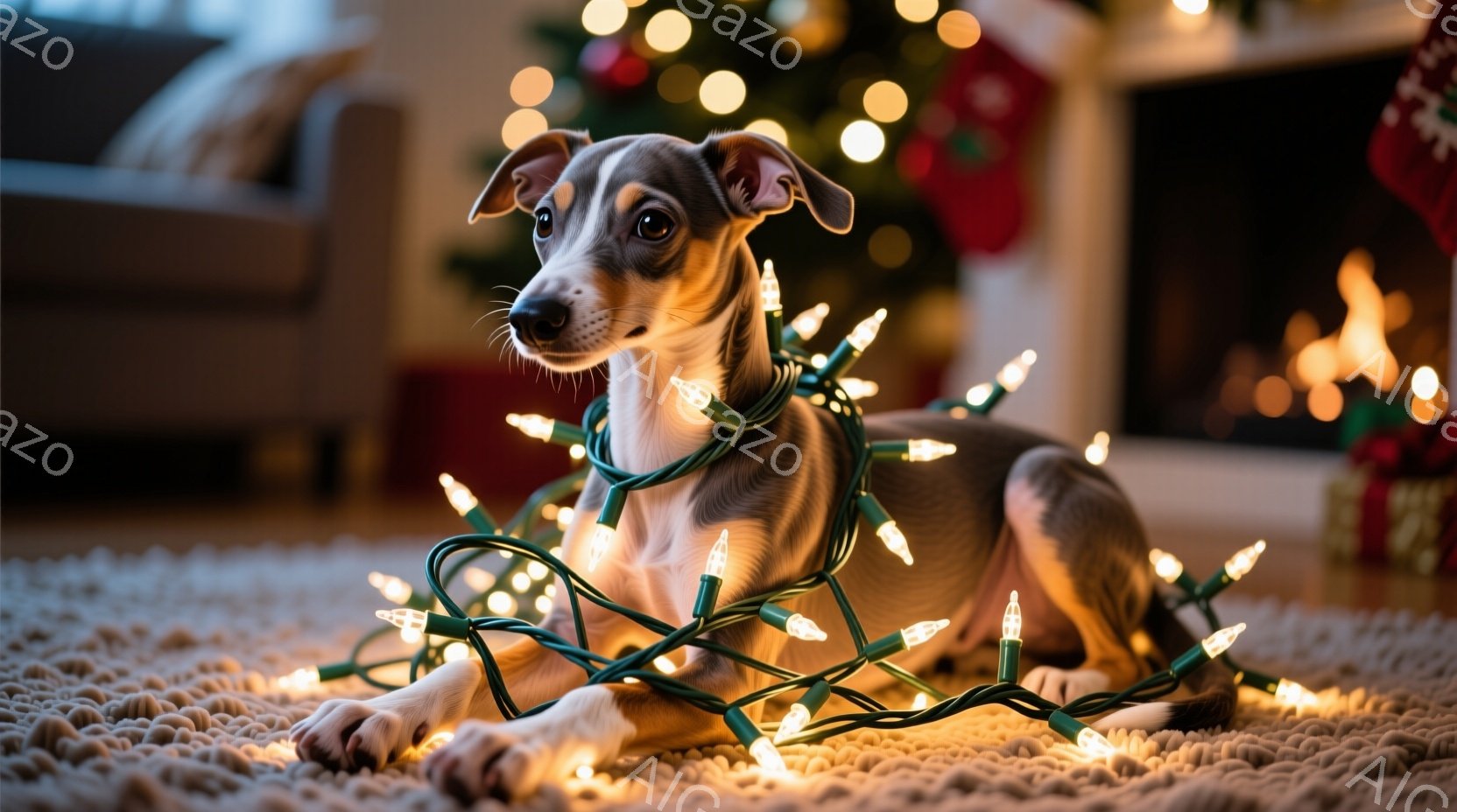 クリーム色のふわふわとしたラグの上に、クリスマスツリーのイルミネーションに包まれた、クリームと茶色の毛並みを持つ犬が横たわっています。犬はリラックスした様子で、少しだけ口を開けています。背景にはぼやけ - AI生成フリー素材