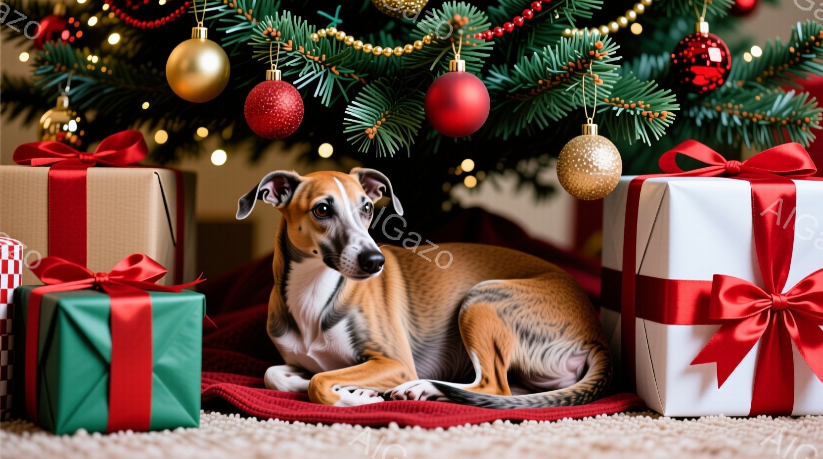 暖炉の前に敷かれた赤い布の上に、プレゼントの箱に囲まれて犬が横たわっています。犬は茶色と白の毛並みで、リラックスした表情でカメラを見つめています。背景にはクリスマスツリーが飾られ、キラキラとした光が暖 - AI生成フリー素材