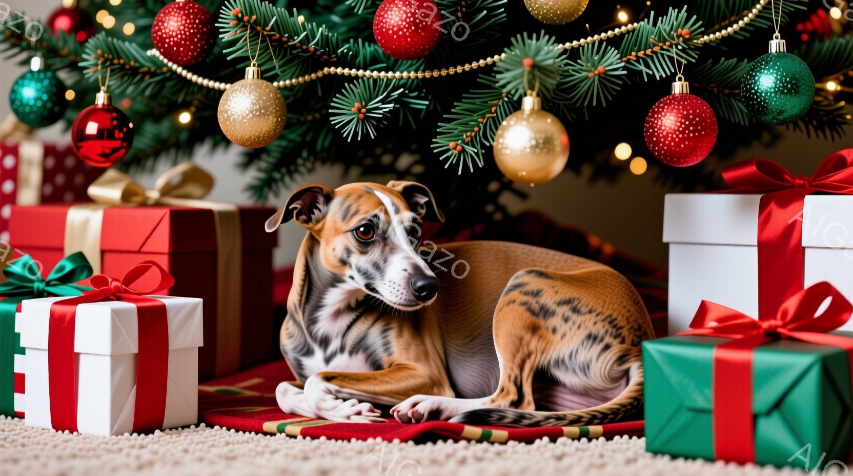 暖炉の前に置かれたクリスマスツリーの周りにプレゼントが置かれ、その中に明るい茶色の毛並みの犬が横たわっています。犬はリラックスした様子で、優しくカメラを見つめており、背景の飾り付けが華やかなクリスマス - AI生成フリー素材