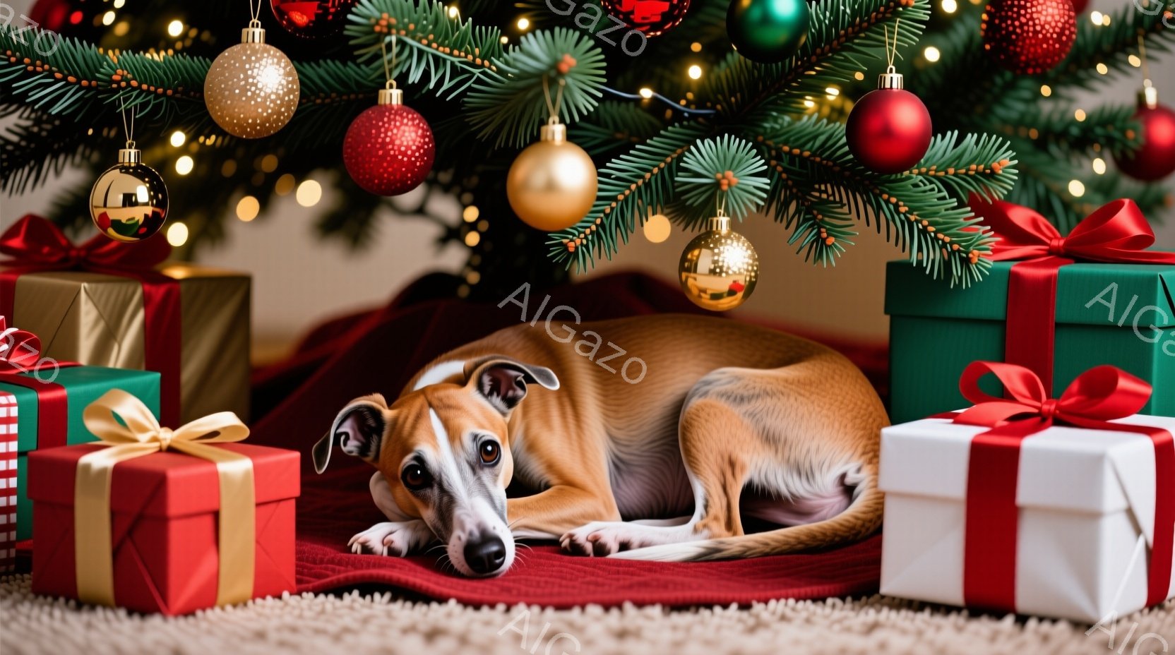 クリスマスツリーの下に、贈り物に囲まれた茶色の愛犬が横たわっています。愛犬は少し退屈そうな表情で、カメラの方を見ています。背景には、緑のクリスマスツリーと、赤、白、緑の包装紙で包まれたプレゼントが散り - AI生成フリー素材