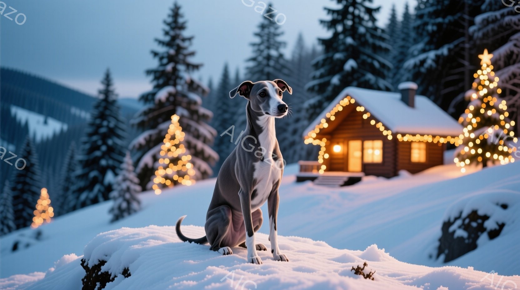 白い雪景色の中に、灰色のホウダ犬が座っています。背後には、クリスマスツリーとイルミネーションで飾られた可愛らしい山小屋があり、冬の暖かく幻想的な雰囲気を醸し出しています。犬は正面を向き、落ち着いた表情 - AI生成フリー素材