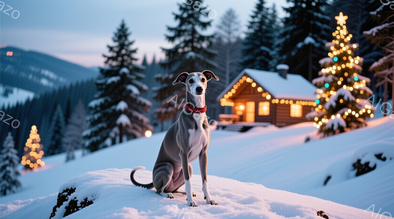 白い雪の上に座る、細身のグレイハウンドが印象的だ。赤い首輪をつけ、まっすぐ前を見つめるその表情は凛々しく、冬の静寂の中にひときわ美しく映える。背景には、クリスマスツリーのようにライトアップされた木々と、雪に覆われた木造の家が見え、幻想的な冬の風景が広がっている。