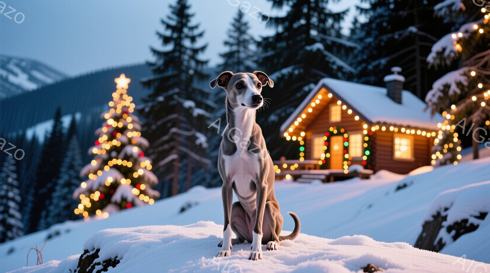 白い雪の上に座っているグレーのホウワイプ（イタリアン・グレイハウンド）が描かれています。背景にはクリスマスツリーと飾り付けられたキャビンがあり、雪景色の中で温かい光が輝いています。全体的に、静かで穏や - AI生成フリー素材