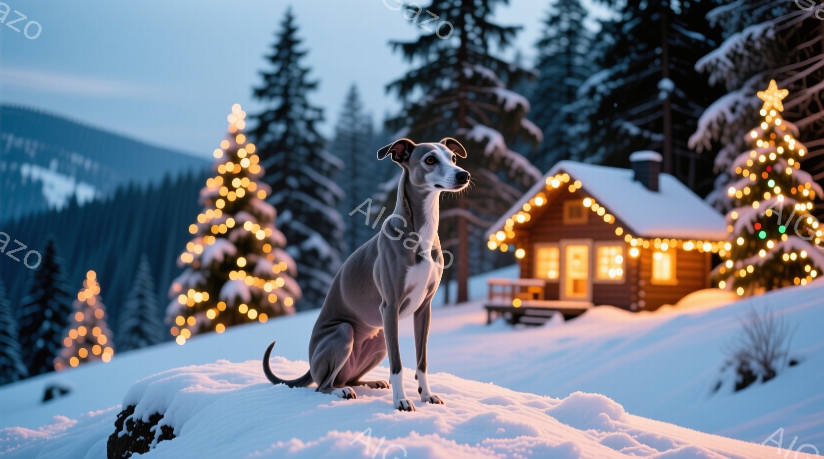雪景色の中に、優雅なグレーのウィペットが座っています。背景には、クリスマスの飾りでライトアップされた木と、雪を頂いたログハウスが見え、冬の暖かく幻想的な雰囲気を醸し出しています。ウィペットは穏やかな表 - AI生成フリー素材