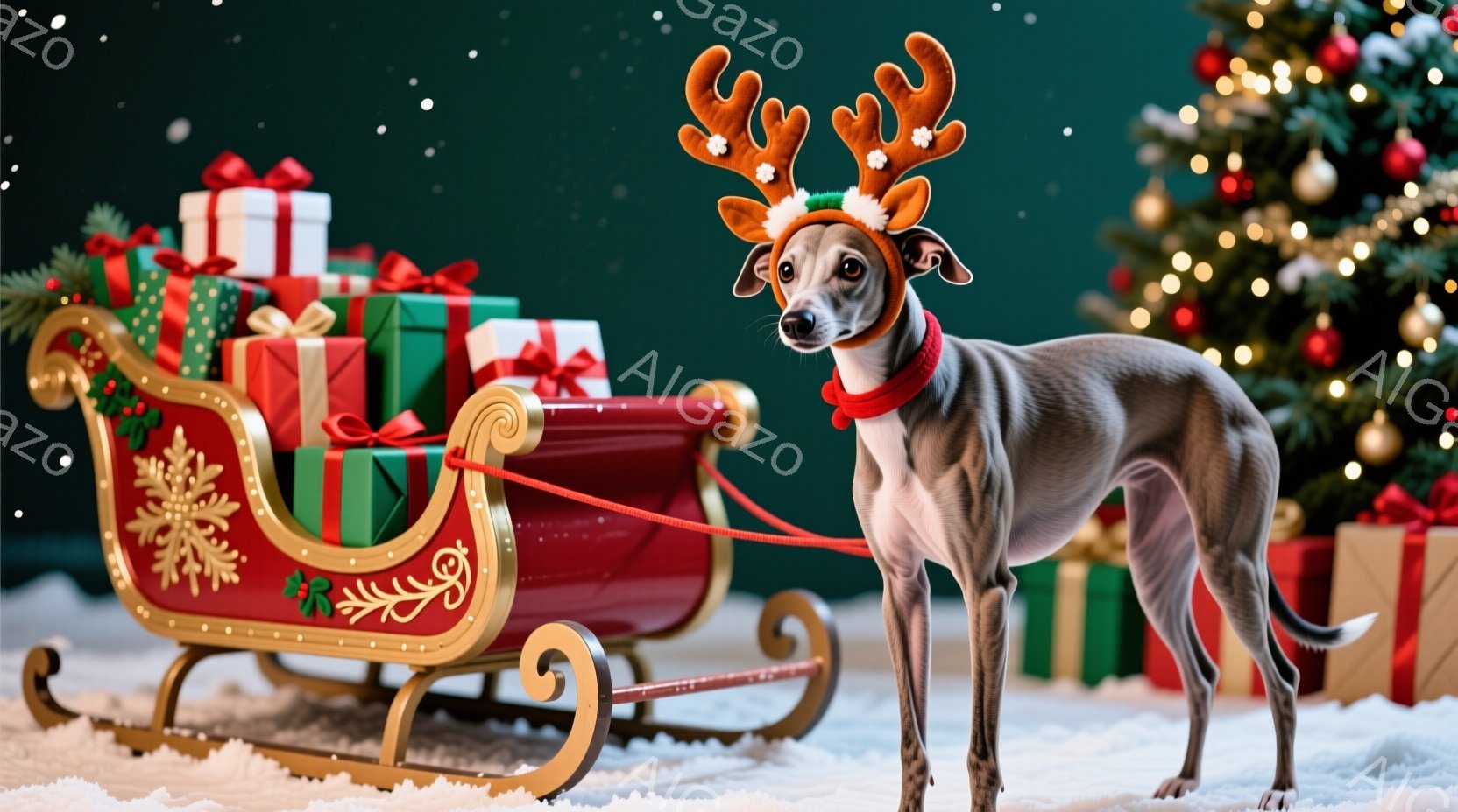 スレンダーな体格の犬が、赤いそりに寄り添って立っています。犬はトナカイの角の頭飾りをつけており、少し上目遣いをした可愛らしい表情をしています。背景には、プレゼントの山とキラキラと輝くクリスマスツリーが - AI生成フリー素材