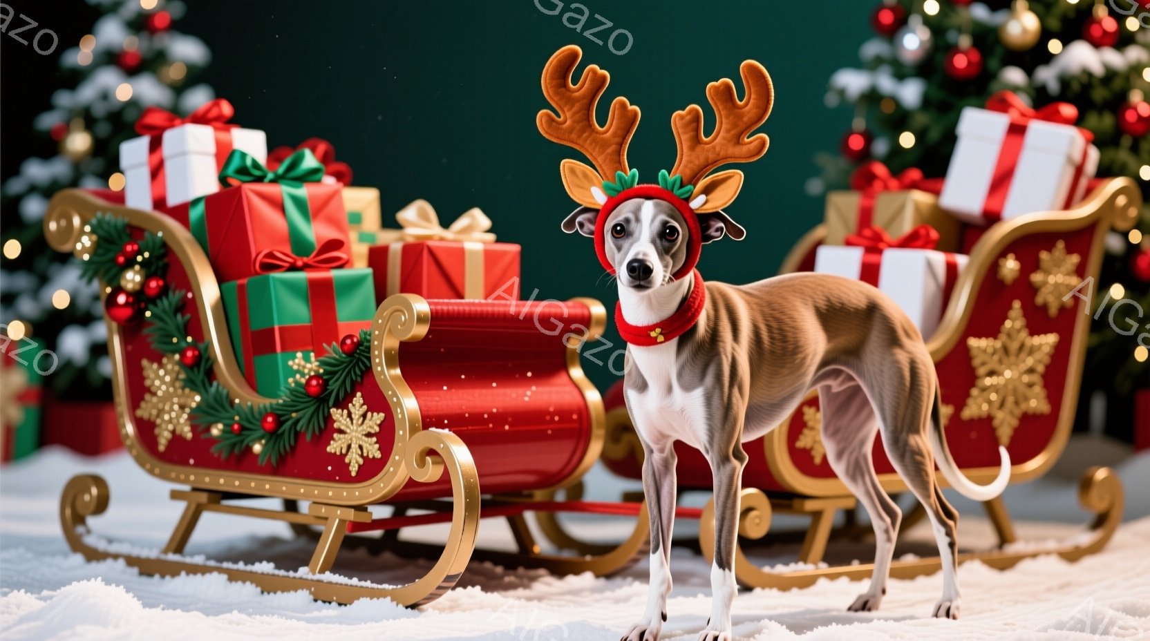 優雅な姿勢で立つ、毛並みの美しいドーベルマン犬が、クリスマスの雰囲気を盛り上げている。頭には角のついた飾りをつけ、首には赤い首輪をつけている。背景には雪景色の中に赤いそりが置かれ、様々なラッピングされ - AI生成フリー素材