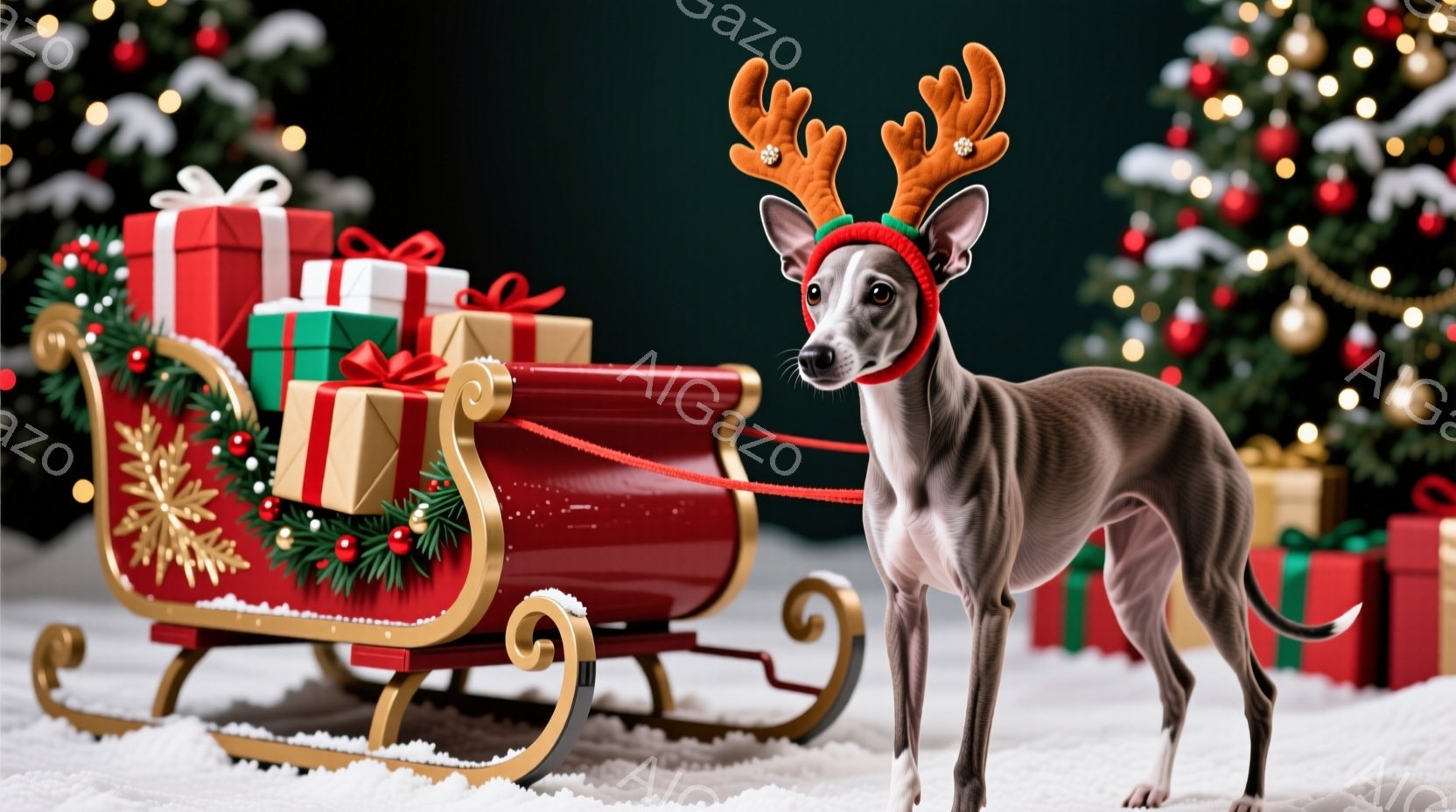 白い雪の上に赤いそりが置かれ、その横に角のついた帽子をかぶった細身の犬が立っています。犬は前足を少し前に出し、まっすぐカメラ目線で少し微笑んでいるように見えます。背景にはクリスマスツリーが飾られ、雪の - AI生成フリー素材