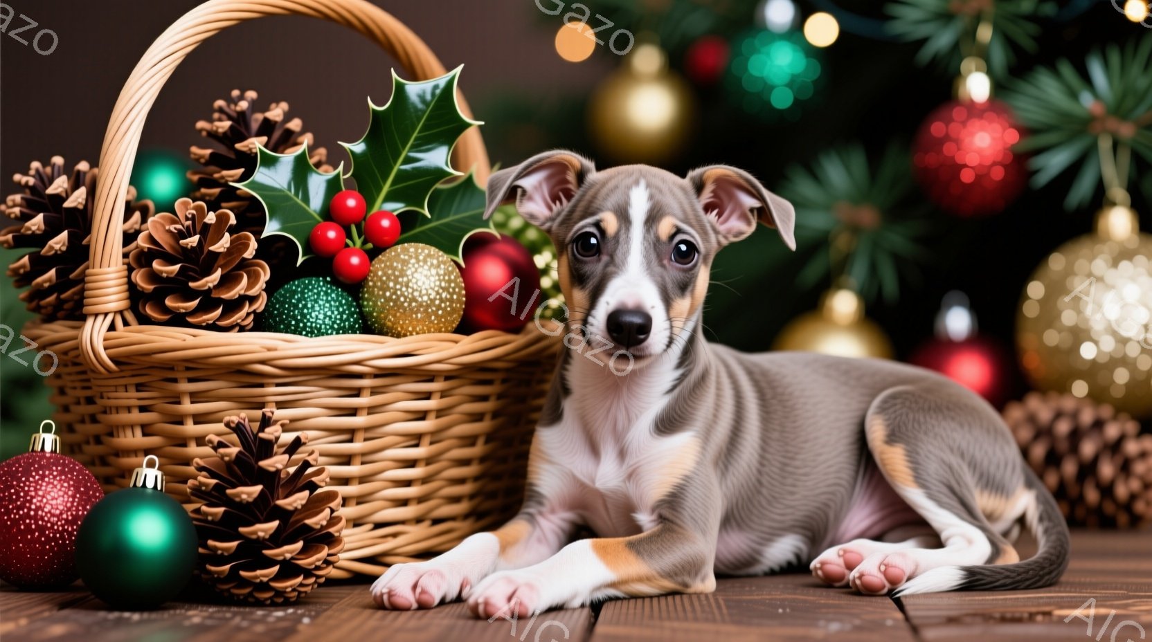小さな灰色のパピーが木製の床に横たわり、正面を見つめています。パピーの横には、松ぼっくりや装飾品が入った籐のバスケットがあり、背景にはクリスマスツリーのぼやけた光が灯っています。全体的に暖かく、お祝いの雰囲気で、クリスマスシーズンを感じさせます。