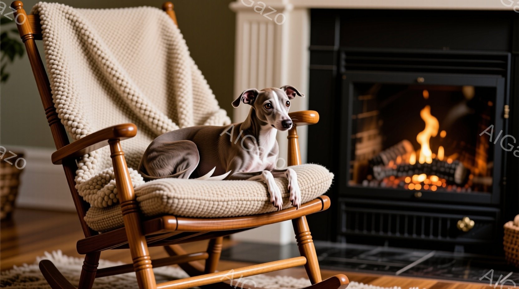茶色いロッキングチェアに、短毛の白い足を持つ灰色の犬がゆったりと座っている。背景には暖炉があり、炎が暖かく灯っていることで、居心地の良い冬の雰囲気が漂っている。部屋は木製の床で、全体的に落ち着いた色調 - AI生成フリー素材