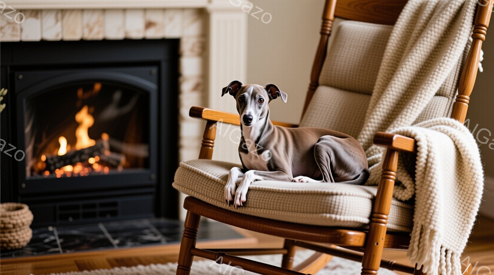 滑らかな毛並みの灰色と白のグレイハウンドが、木製のロッキングチェアにゆったりと座っています。背景には暖炉があり、炎が心地よい温かさを感じさせ、快適な室内空間を演出しています。全体的に、リラックスした穏 - AI生成フリー素材