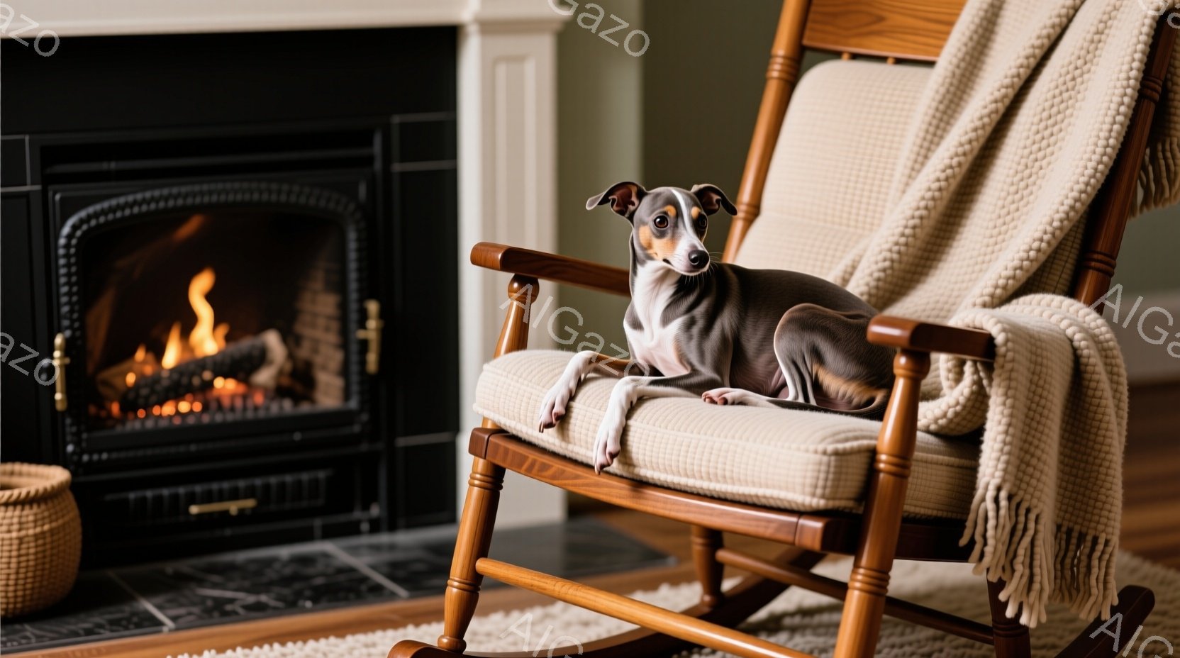 揺り椅子に座った、短毛のクリーム色の犬が写っています。背景には暖炉があり、部屋全体が温かく落ち着いた雰囲気です。犬はリラックスした様子で、穏やかな表情を浮かべています。